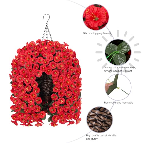 HyeFlora Artificial Fake Red Hanging Flowers Plants Baskets for Outdoor Winter Christmas, Faux Silk UV Resistant Look Real Morning Glory Vines for Outside Porch Patio Balcony Garden Yard Home Decor - color: Red Morning Flory