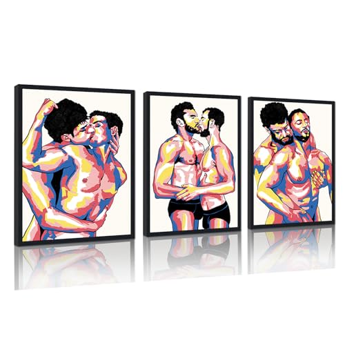 3 Piece Gay Man Kiss Hug Canvas Wall Art for Bedroom Wall Decor Abstract Male Couple Love Posters Adult Men Prints Artwork for Apartment Bathroom Hotel Bar Framed Ready to Hand 16x24inchx3pcs - color: Art08, size: 16x24x3Pcs Black Framed