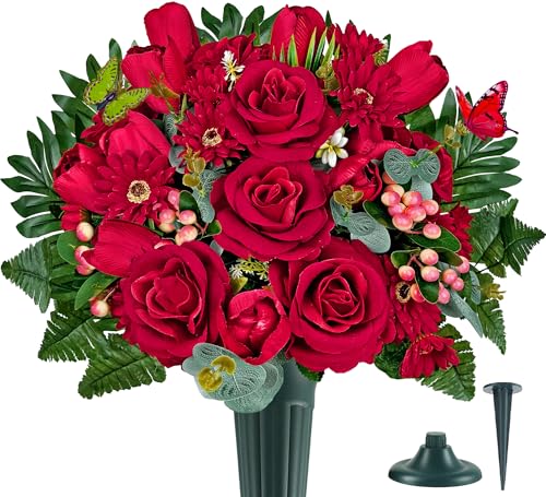 Silk Cemetery Flowers for Grave with Vase, Artificial Grave Flower for Cemetery Vase, Memorial Day Flowers for Headstones:Red Rose,Tulip,Look Real,No Fading