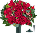 Silk Cemetery Flowers for Grave with Vase, Artificial Grave Flower for Cemetery Vase, Memorial Day Flowers for Headstones:Red Rose,Tulip,Look Real,No Fading