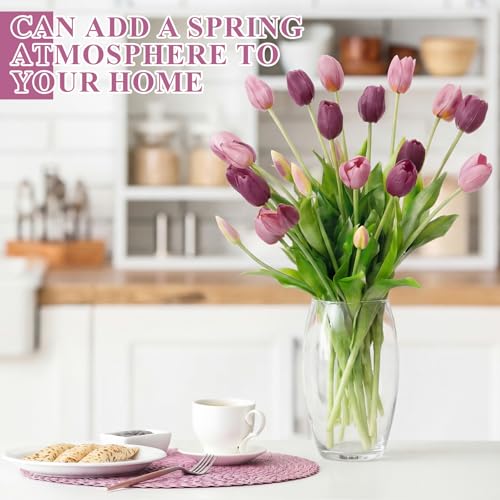 Riceshoot 30 Pcs Artificial Tulips Flowers 6 Bunches Faux Tulips Bouquets Arrangements Realistic Flowers for Office Wedding Party Kitchen Decoration(Mixed Purple) - color: Mixed Purple
