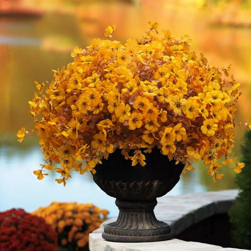 Grunyia 16 Bundles Artificial Fall Mums Outdoor UV Resistant, Fake Silk Plants No Fade Faux Greenery for Garden Porch Patio - Autumn Thanksgiving Christmas Home Decor (Fall Yellow) - color: Fall Yellow