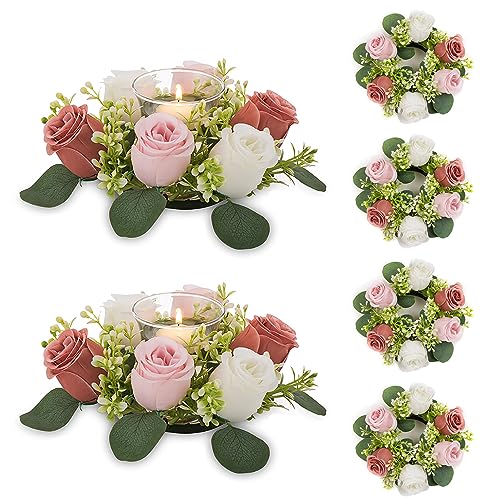 NUPTIO Small Flower Rings for Centerpieces: 9.05 Inch Dusty Rose & White Candle Rose Wreath for Wedding Party Christmas Decorations - Spring Summer Front Door Porch Decor 6 Pcs - color: Dusty Rose & White, size: Dia 9.05"-6pcs