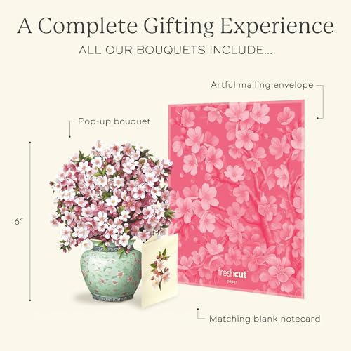 Freshcut Paper Mini Japanese Cherry Blossoms 6 Inch Life-Sized 3D Pop Up Card – Greeting Card, Birthday, Mothers Day, Thank You, Gifts for Mom and Her – Includes Notecard and Envelope - color: Japanese Cherry Blossoms, size: Mini