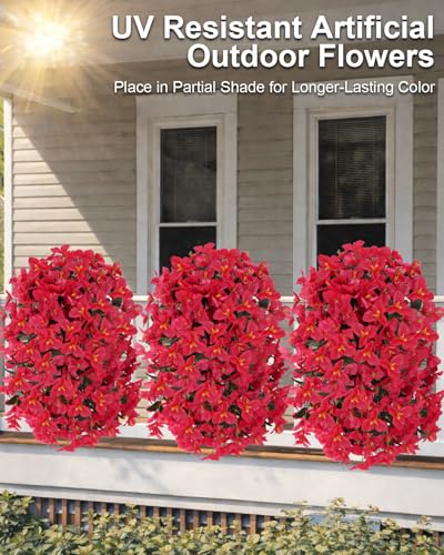 Artificial Flowers for Outdoors – 4 Bundles of UV-Resistant Artificial Bougainvillea, Realistic Silk Flowers for Front Porch, Patio, Garden, Window Boxes & Hanging Baskets (Red, 4) - color: Red, size: 4 Bundles