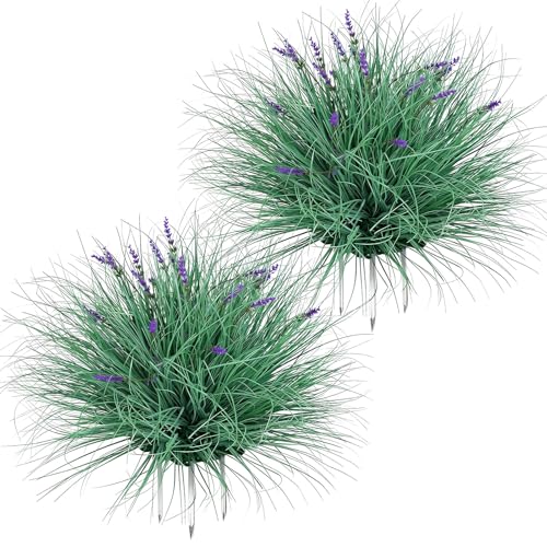 Fake Lavender Flowers with Greenery – 13'' Tall Artificial Lavender Plant, UV Resistant Faux Outdoor Decor for Garden, Patio, Lawn, Planters (2, Green) - color: Dark Green