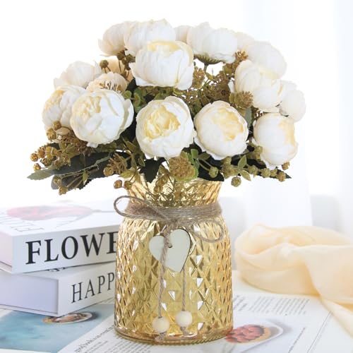 Faux Flowers in Vase,Fake Flowers in Vase 21 Pcs Faux Peony Flowers,Artificial Flowers for Home Decor, Indoor Centerpiece for Living Room & Dining Table (White) - color: White Peony