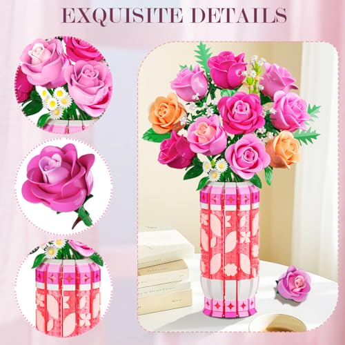 CUBIMANA Pink Rose Bouquet Building Set with Vase & LED Light, 3.6MM Mini Flower Building Kit for Adults, Artificial Floral Decor for Home Office Bedroom, Birthday Day Gifts for Women Mom Wife