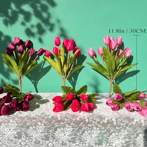 Artificial Fake Flowers for Spring Summer Outdoor Decoration,6 Bundles Realistic UV Resistant Silk Fabric Colorful Tulip Faux Plants for Outside Planter Home Porch Patio Decor(Pink Purple) - color: Pink Purple Dark Purple