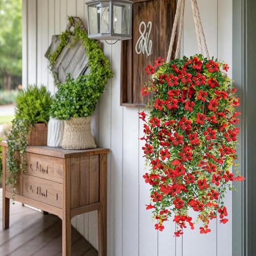 Artificial Hanging Flowers for Outdoors UV Resistant Fake Flowers Realistic Silk Faux Spring Hanging Flower for Patio Porch Garden Yard Fence Wall Decor(Red, 4 Pack) - color: 4pcs Red