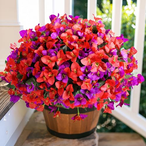 Artificial Faux Flowers for Outdoors Spring Summer Outside Decor, 4 Bundles Fake Silk Bougainvillea UV Resistant Look Real Faux Plants for Planter Patio Porch Window Garden Home Decoration, RedPurple - color: Redpurple