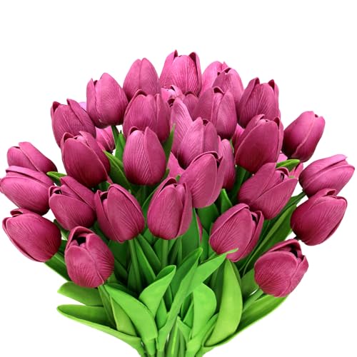 28pcs Hot Pink Flowers Artificial Tulip Stems Real Feel PU Tulips for Easter Spring Wreath Wedding Bouquet Centerpiece Floral Arrangement Cemetery Table Décor 13" Tall - color: Hot Pink