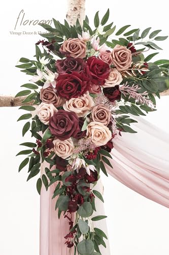 Floroom Arch Flowers with Drapes Kit (Pack of 4) - 2pcs Artificial Marsala & Champagne Floral Swag Arrangement with 2pcs Draping Fabric for Wedding Ceremony Arbor and Reception Backdrop Decoration - color: Marsala & Champagne