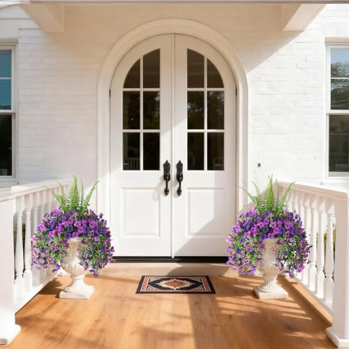 INQCMY Artificial Fake Hanging Flowers with Fake Fern for Outdoors UV Resistant Artificial Plants Spring Decor Look Real Faux Flowers for Outside Home Planter Porch Patio Decor - color: 3pcs Double Purple,1pcs Fern