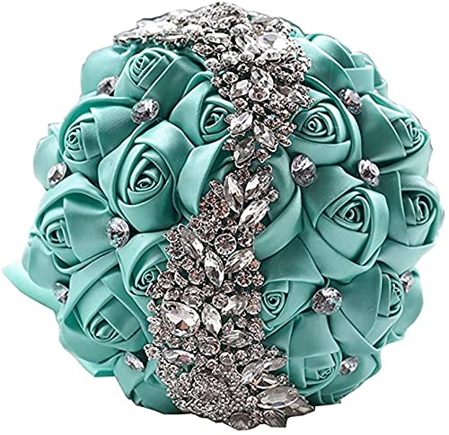 XINNI Handmade Bridal Wedding Bouquet Bride Bridesmaid Satin Rose Flower Bouquet with Meteor Shower Shape Rhinestone Wedding Decoration Turquoise - color: Turquoise