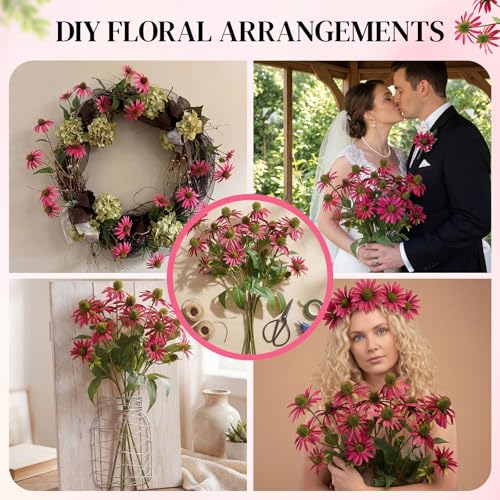 Knitgrip Rose Red 4 Pcs Artificial Coneflowers Stems 29 Inch Faux Echinacea Flowers Branch Realistic Farmhouse Fake Sunflower Floral Bouquet for Home Centerpiece Arrangement Indoor Outdoor Decor - color: Rose Red