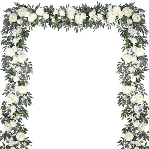 DearHouse 2Pack Artificial Peony Flower Garland - 6ft/Strand Silk Peony Flower Greenery Garland with Fake Willow Leaves for Wedding Ceremony Backdrop Party Table Centerpieces Decor (White) - color: White