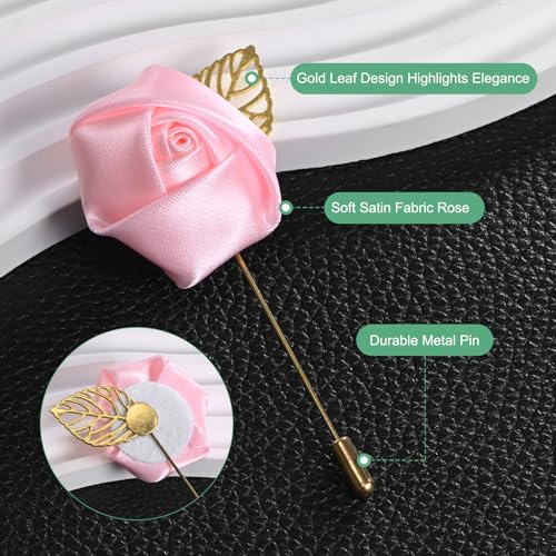 M METERXITY 48-Pack Flower Lapel Pins for Men, Golden Leaf Rose Boutonnieres Pin Groom Boutonnieres for Wedding/Dance/Party, Men Lapel Pins for Suits Satin Flower Corsage [Pink] - color: Pink