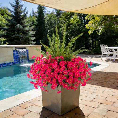 Hrobek Artificial Flowers for Outdoors Faux Plants Outside Indoor,UV Resistant Silk Fake Petunia Ferns for Home Patio Garden Back Yard Front Porch Decor(13 Bunches,Hot Pink) - color: 2 Color Mixed (12 Hot Pink,1 Tall Fern)