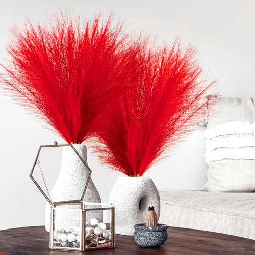Pampas Grass Decor, Fluffy Faux Pampas Grass 5 Stem 18"/45cm Pompous Grass Small Flower Arrangement and Vase Filler for Boho Home Wedding - color: Red