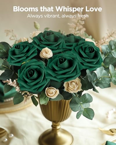InnoGear Artificial Flowers, 50 Pcs Hunt Green Foam Fake Roses Bulk with Stems for St. Patrick's Decoration DIY Wedding Bouquets Centerpieces Bridal Shower Party Valentines Christmas Tree - color: Hunt Green