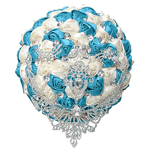 XINNI Brooch Bridal Wedding Bouquet Bride Bridesmaids Satin Rose Flower Bouquet with Bling Drop-Shaped Rhinestone for Wedding Lake Blue and Ivory - color: Lakeblue+ivory