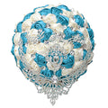 XINNI Brooch Bridal Wedding Bouquet Bride Bridesmaids Satin Rose Flower Bouquet with Bling Drop-Shaped Rhinestone for Wedding Lake Blue and Ivory - color: Lakeblue+ivory