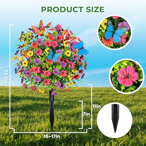 ICX 2 PCS Artificial Boxwood Topiary Ball Trees with Flowers, 23.6" Outdoors Fake UV Resistant Plants Faux Eucalyptus Shrubs Bushes for Porch Patio Garden (Butterfly) - color: Mix With Butterfly