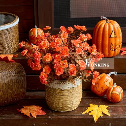 PONKING Artificial Flowers for Outdoors Patio Decoration 6 Bundles Fake Flower Rose UV Resistant Faux Plants Yard Garden Porch Home Boxwood Patio Halloween Decor, Fall Orange Flower - color: D Fall Orange Rose 6pcs