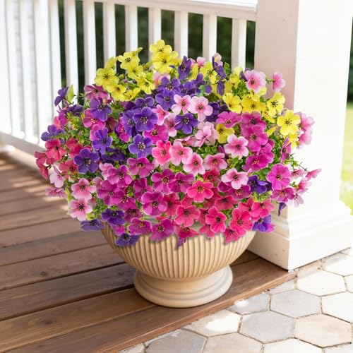 20 Bundles Artificial Flowers for Outdoors, Fake Violet Flowers Silk Realistic UV Resistant Faux Artificial Plants Outdoors for Window Box Garden Patio Front Porch Home Indoor Outside Decorations - color: Purple Fuchsia Pink Yellow Rose Red