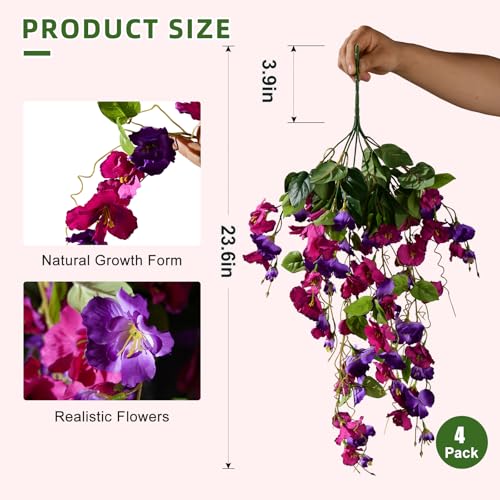 Hibiscus Artificial Hanging Flowers Plants for Outdoors 4 Pcs Fake Flower Faux Silk Hibiscus Long Trailing Vines Realistic Flower for Outside Front Door Porch Patio Balcony Garden Yard (4 Pcs Purple) - color: 4 Pcs Purple