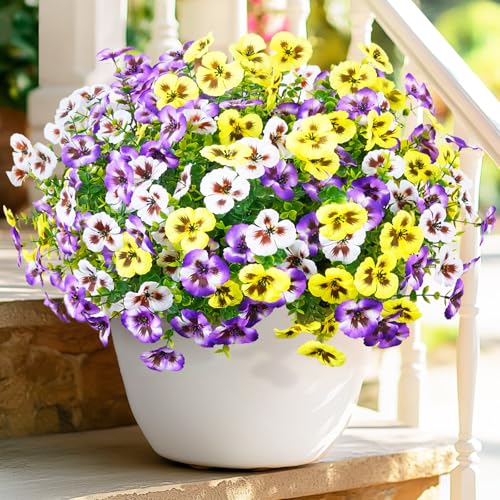 MARTINE MALL 8 Bundles Look Real Artificial Flowers for Outdoors, Realistic Fake Outdoor Flowers, UV Resistant Silk Pansy Flowers for Outside Faux Flower Plants for Outdoor Porch Garden, Mixed Colors - color: Yellow+white+purple, size: 8 Bundles