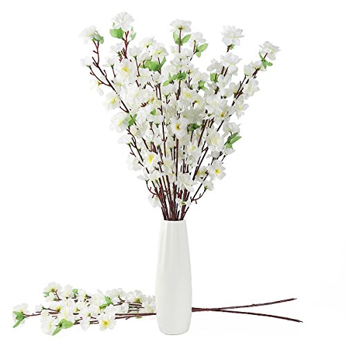 10PCS Artificial Cherry Blossom Branches Silk Spring Peach Blossom Fake Flowers Arrangements for Home Wedding Decoration (White) - color: White
