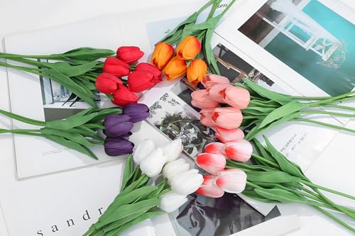 5 Color 20pcs Tulips Artificial Flowers for Real Touch Fake Tulips Slik Faux Flowers for Summer Wedding Bouquet Easter Mother's Day Home Decor (14 Inch) - color: Color：red, White, Yellow, Light Pink, Orange