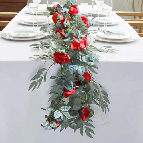 Flower Garland Rose Vine 4Pcs 28FT Artificial Floral Garland with Green Leaves Hanging Rose Vine for Wedding Party Garden Home Wall Decor (Red) - color: Red