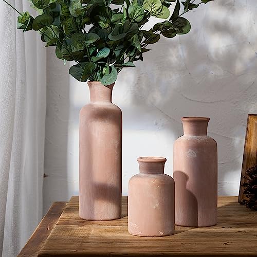 LUKA Ceramic Rustic Farmhouse Vase,Terracotta Vases for Decor,Vase Set of 3,Vases for Your Bedroom,Office,Living Room,Fireplace,Bookshelf Decor,Housewarming 10+7.5+5 Inch - color: Terracotta
