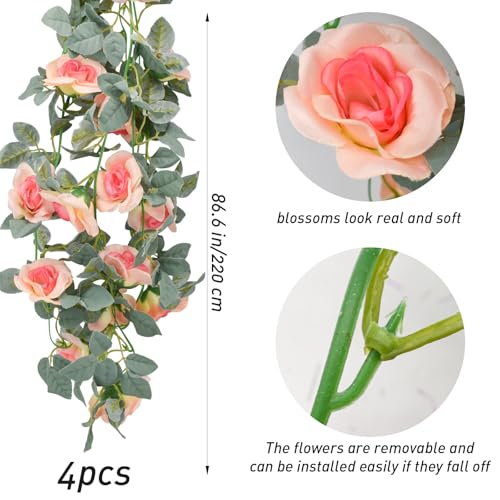 Flower Garland Rose Vine 4Pcs 28FT Artificial Floral Garland with Green Leaves Hanging Rose Vine for Wedding Party Garden Home Wall Decor (Pink) - color: Pink