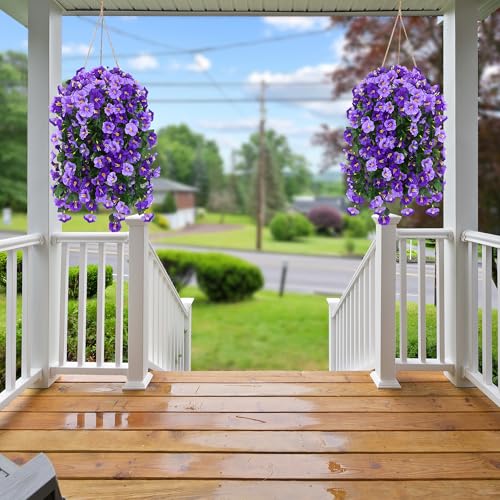 Sggvecsy Artificial Fake Hanging Flowers Plants Outdoor Outside Spring Summer Decoration 4PCS Faux Silk UV Resistant Morning Glory Trailing Vines for Home Porch Patio Balcony(Purple & Light Purple) - color: Purple & Lignt Purple, size: 4Pcs