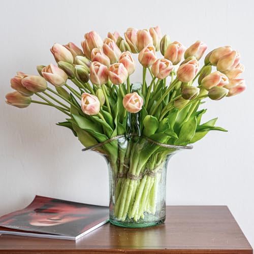 DUYONE 60pcs Artificial Tulips Flowers,Soft Touch Latex Bouquet,Fake Tulips for Office Wedding Party Home Kitchen Garden Decoration - color: 60pcs Pinkchampagne (No Vase)