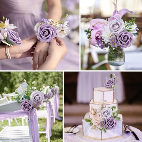 AmyHomie 25pcs Real Looking Artificial Pale Lavender Roses w/Stem for DIY Wedding Bouquets Centerpieces Arrangements Party Baby Shower Valentines Day Christmas Tree Decorations - color: Pale Lavender & Dusty Violet