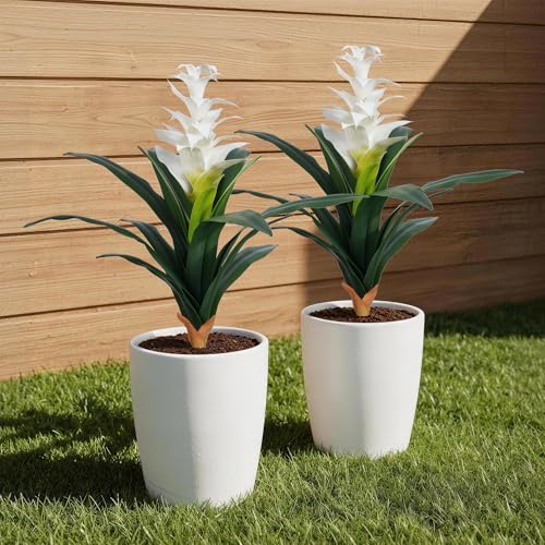Ivydale Fake Flowers Plants for Outdoors, 2 Pcs 16.93" Bromeliad Artificial Flowers Uv Resistant Realistic Faux Flowers for Outdoor Planters Outside Porch Patio Yard Garden Indoor Decoration(White) - color: White