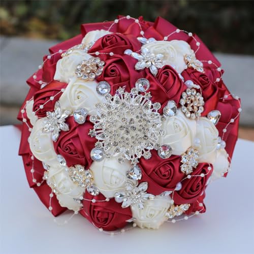 9.8" Dark Red & Ivory Bridal Wedding Bouquet Round Holding Bouquet Throw Toss Artificial Rose Flower Bunch for Bride Bridesmaid Wedding Quinceanera - color: Dark Red & Ivory, size: Large (Dia. 9.8"/25cm)
