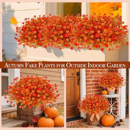 20 Bundles Artificial Fall Flowers for Outdoors Fall Thanksgiving Decorations-UV Resistant Fake Mums Faux Plant Plastic Flowers Gardens Porch Fireplace Patio Autumn Indoor Fall Decor(Gold Orange) - color: Gold Orange, size: 20 Bundles