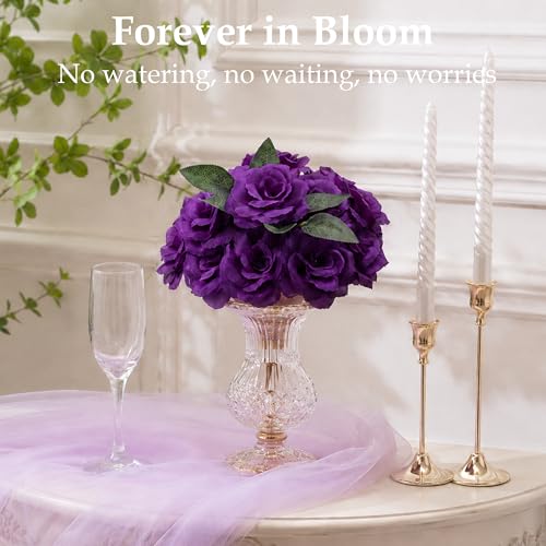 Rose Artificial Flowers, 50Pcs White Roses Head Flowers Bulk with Stem, 3 Inches Silk Rose Fake Flower Head for Wedding Party Home Decor DIY Baby Shower Centerpieces Tables Decoration (Deep Purple) - color: Deep Purple