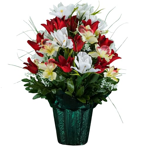 Sympathy Silks Artificial Cemetery Flowers - Grave Decoration - Red Tulips and White Iris (1) Potted Arrangement - color: Red/White, size: (1) Pot