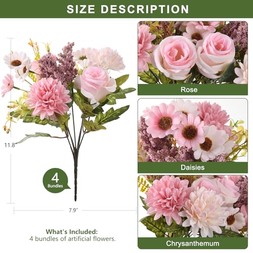 Artificial Fake Flowers for Spring Decoration, 4 Pcs Faux Silk Flower Arrangements Centerpiece for table with Chrysanthemum Rose Daisy Floral Bouquets Office Wedding Patio Porch Indoor Home Decor - color: Pink