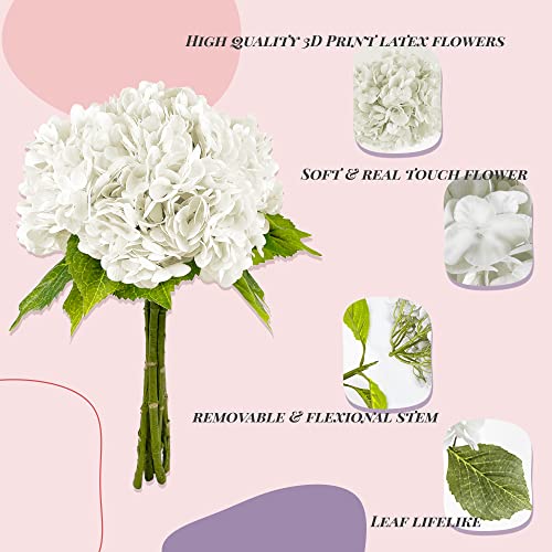 Yatim 21In White Artificial Hydrangea Flowers 5 Pcs Real Touch 3D Print Latex Flowers for Wedding Centerpieces Bouquets DIY Floral Decor Home Decoration with Stems - color: White