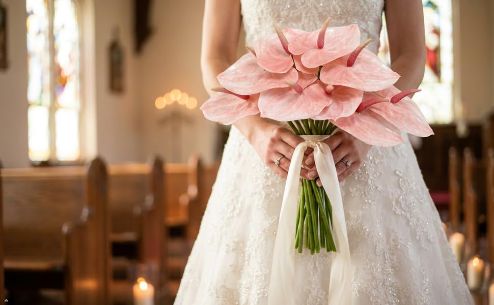 Rikyo 5Pc 24in/61cm Artificial Anthurium Lily Flowers Permanent for Home Decor Bouquet for Home Bridal Wedding Festival Party,Crafts,Store Decor Small Flower Bouquet Accessories(Light Pink) - color: Light Pink