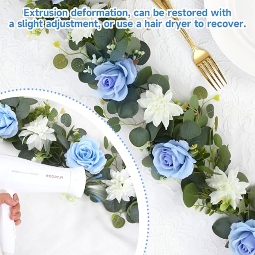 4 Pack Wedding Garland Set, Blue Rose & White Dahlia Hanging Flower Vines for Wedding Arch, Backdrop, Mantel, Home Decor (5.91ft) - color: Blue White