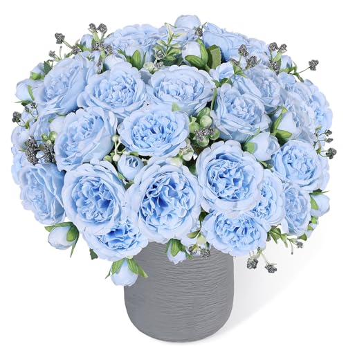 Artificial Peonies Silk Flowers, Faux Peony Bouquet 2 Bundles Florals Arrangements Decor for Farmhouse Home Wedding Table Centerpiece, Fake Plastic Flowers Bulk for Vase Decoration (Light Blue, 2PCS) - color: Light Blue, size: 2PCS